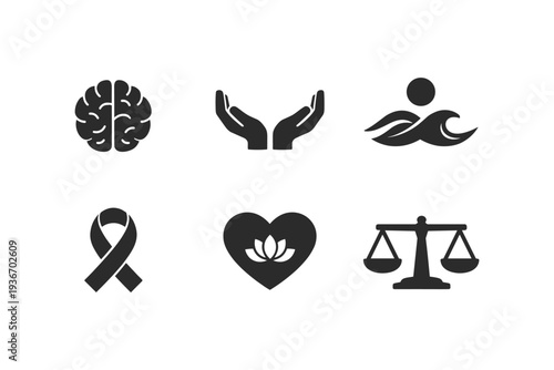 Set of six conceptual icons representing health, balance, and support