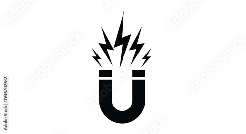 Bold black silhouette of a horseshoe magnet with electric sparks or lightning bolts representing attraction and magnetic force.