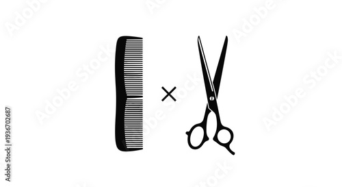 Minimalist black icons of a hair comb and sharp scissors arranged with an x between them representing a barber shop or hair salon.