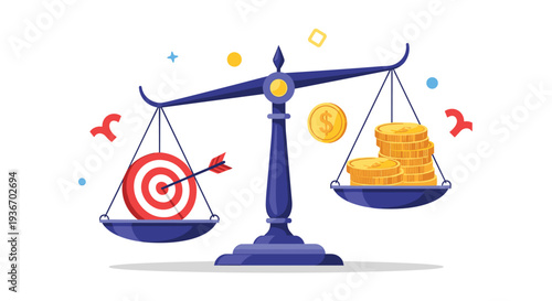 Blue balance scale weighing a red archery target against a stack of gold coins representing the value of reaching business goals.