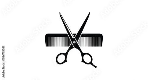 Bold black silhouette of sharp scissors and a hair comb crossed over each other representing hair styling and barber shop services.
