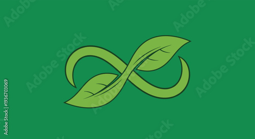 Green infinity symbol formed by two intertwined leaves representing eternal nature, sustainability, and life cycles in nature.