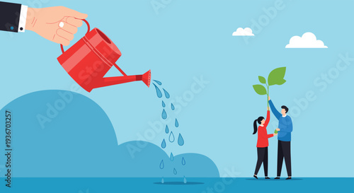 Giant hand using a red watering can to pour water over a green plant held by a small man and woman in a blue sky setting.