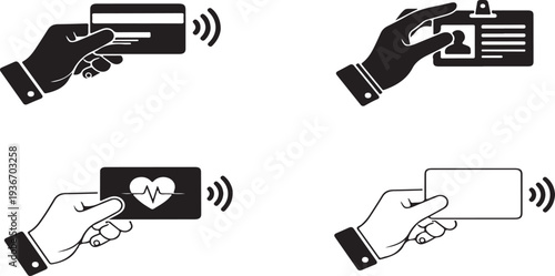 Hands holding various payment and identification cards with wireless symbols