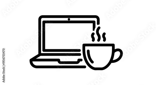 Continuous Line Art Icon of a Laptop and Steaming Coffee Cup, Remote Work and Cozy Break, Isolated White Background