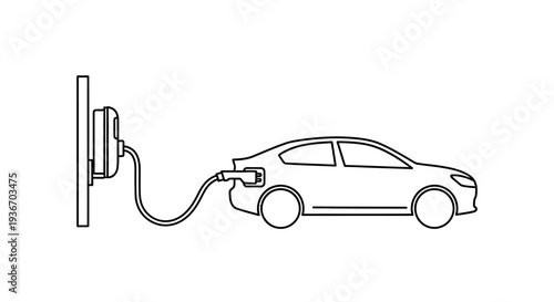 Electric car being charged with a plug in line art style on isolated white background.