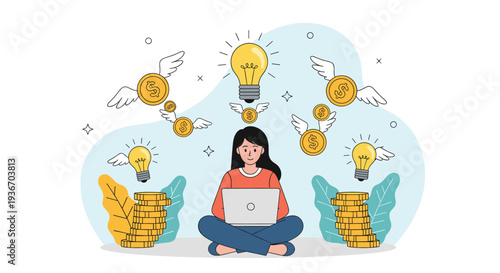 Young woman sitting with a laptop surrounded by floating lightbulbs and gold coins with wings symbolizing creative ideas.