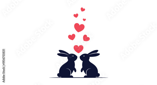 Dark blue silhouettes of two rabbits facing each other under a trail of floating pink hearts on a white background.