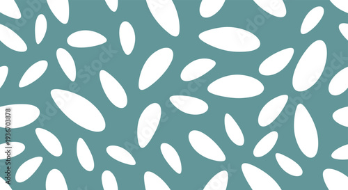 Simple organic pattern of white oval shapes resembling petals or leaves scattered across a muted blue green background.