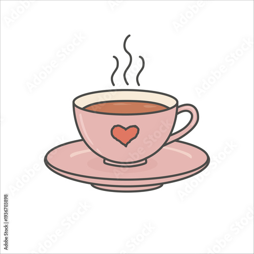 Cute doodle illustration of a steaming cup with heart and saucer. Cozy morning drink concept For self-care, café branding, greeting cards and social media designs. Vector isolated on white background.