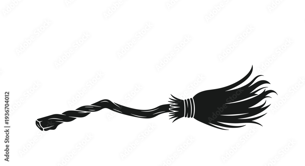 Fototapeta premium Black silhouette of a traditional witch broomstick with a twisted handle and a frayed straw brush on a white background.