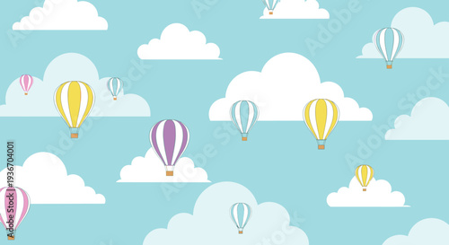 Colorful hot air balloons in shades of purple yellow and blue floating among fluffy white clouds in a clear blue sky.