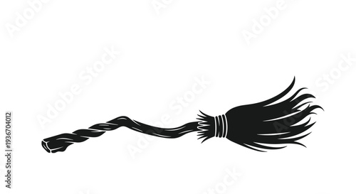 Black silhouette of a traditional witch broomstick with a twisted handle and a frayed straw brush on a white background.