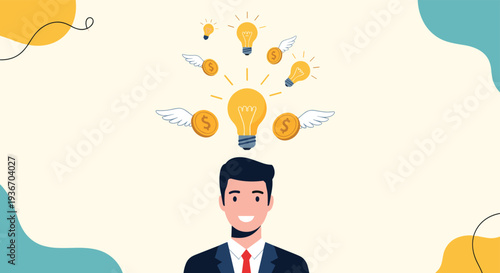 Successful businessman with a large lightbulb above his head and winged gold coins representing profitable creative ideas.
