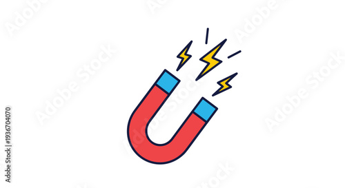 Red and blue horseshoe magnet emitting yellow lightning bolts symbolizing power attraction and magnetic force energy.