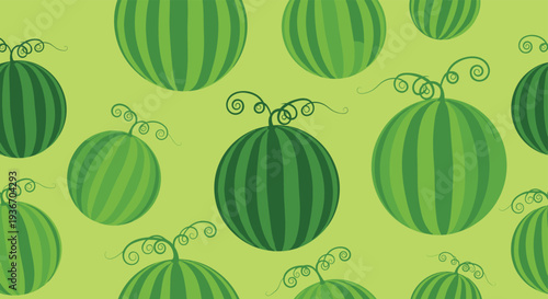 Vibrant fruit pattern featuring whole green watermelons with curly vines scattered on a bright lime green background.