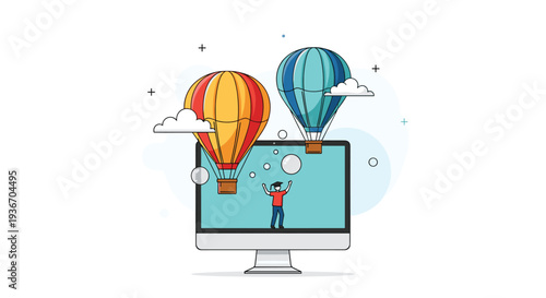 Creative concept featuring colorful hot air balloons floating out of a computer monitor with a small person standing on the screen base.