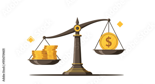 Justice scales balancing a stack of gold coins on one side and a large single coin with a dollar symbol on the other representing value.