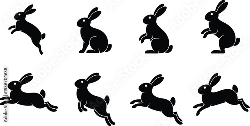 Rabbit silhouette collection, jumping bunny poses set, cute woodland animal icons, wildlife nature vector illustration design