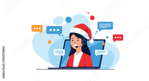 Female customer support representative wearing a Santa hat shown on a laptop screen with colorful speech bubbles for holiday season help.