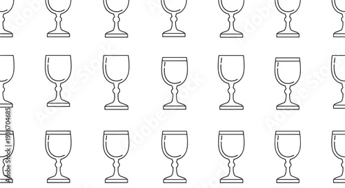 Seamless black and white pattern featuring rows of elegant wine glasses drawn with simple lines on a clean white background for events.