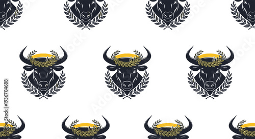 Masculine pattern showing black bull heads wearing golden laurel wreaths with additional leaf branches surrounding them on a white background.