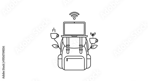 Minimalist backpack with laptop, coffee, and plant for remote work setup on isolated white background