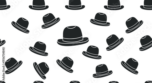 Fun repeating pattern of classic black bowler hats shown at different angles on a white background creating a stylish and quirky design.