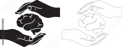 Vector graphic illustration showing hands cradling a human brain symbol
