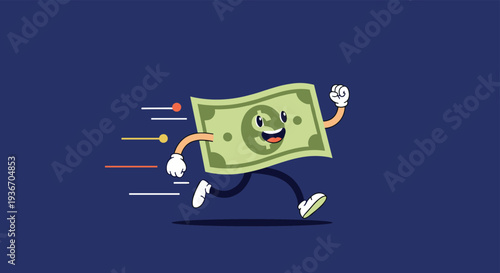 Humorous illustration of a green dollar bill character with arms and legs running quickly against a dark blue background representing fast cash.