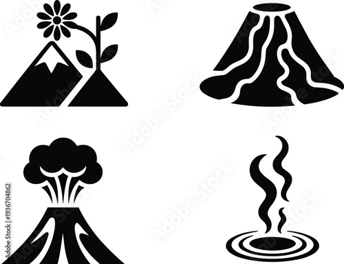 Volcano eruption and mountain nature icon set, geothermal activity symbols, natural disaster landscape elements, vector illustration collection