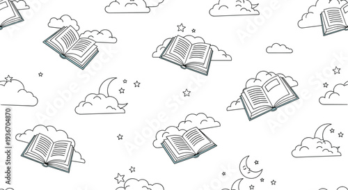 Dreamy pattern featuring open books floating among soft blue clouds and small stars against a white background representing the magic of reading.