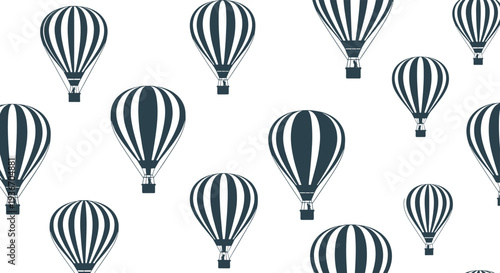 Elegant seamless pattern of blue hot air balloons with striped patterns floating on a clean white background for a sense of travel and adventure.