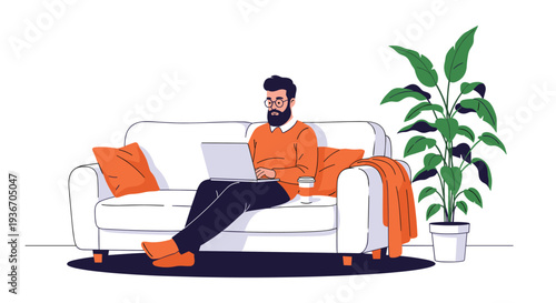 Cozy scene of a bearded man working on a laptop while sitting on a comfortable white sofa next to a large potted plant and a cup of coffee.