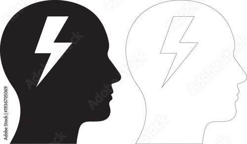 Black and white vector illustration of heads symbolizing brain power