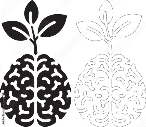 Brain with plant growth vector illustration symbolizing intellect and development