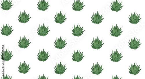Refreshing seamless pattern featuring small green succulent or aloe vera plants arranged in a grid on a crisp white background for a natural look.