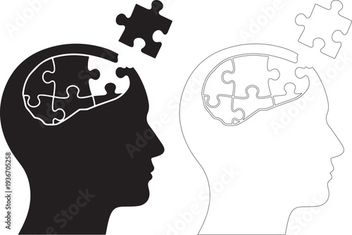 Silhouette profiles showing human mind jigsaw puzzle piece missing connection
