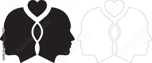 Vector graphic illustration of two heads sharing a common heart connection
