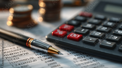 Close-up of a pen on financial documents next to a calculator and coins, symbolizing accounting