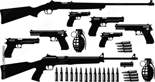 Silhouettes of various firearms and ammunition
