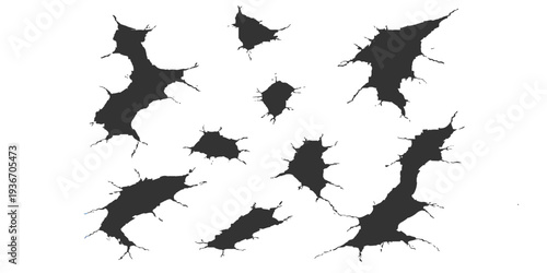 Abstract collection of ragged, torn shapes, capturing the raw, textured aesthetic. A dynamic visual element perfect for expressing themes of damage, destruction, or grunge.