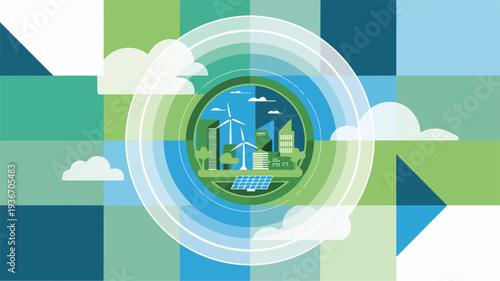 Eco friendly cityscape with wind turbines and green landscape in a circular frame on a colorful abstract background with clouds