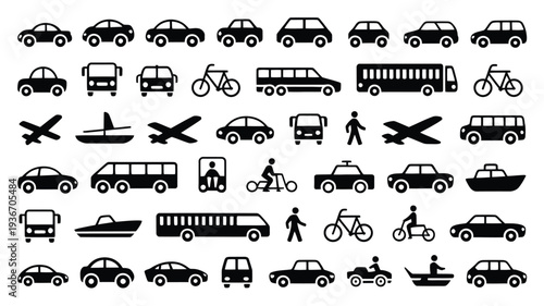 Transportation icons include cars, buses, bicycles, airplanes, and boats in silhouette