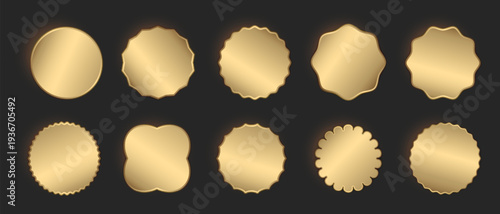 Gold medal badges of various shapes on a dark background, 3D golden buttons stars and ovals, Quality badge metal sticker