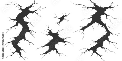 Abstract the striking detail of several cracks, each narrating a unique story of stress and impact against a clean, uncluttered expanse.