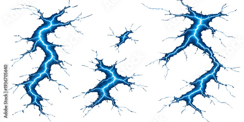 Abstract a collection of dynamic lightning bolts, each a vibrant streak of energy, their electrifying forms and bright, dynamic designs symbolizing power and impact. 