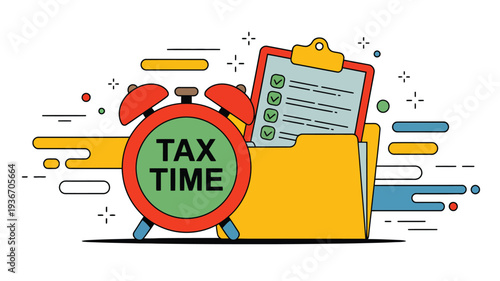 Tax folder with checklist and alarm clock for deadline reminder