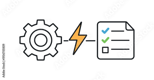 Gear and checklist icon connected by lightning bolt symbolizing efficiency and task completion