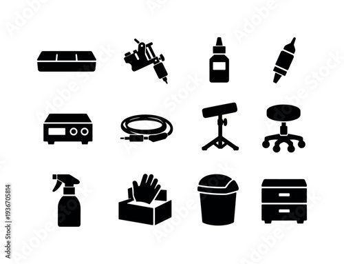 Collection of black icons representing tattoo studio equipment and supplies